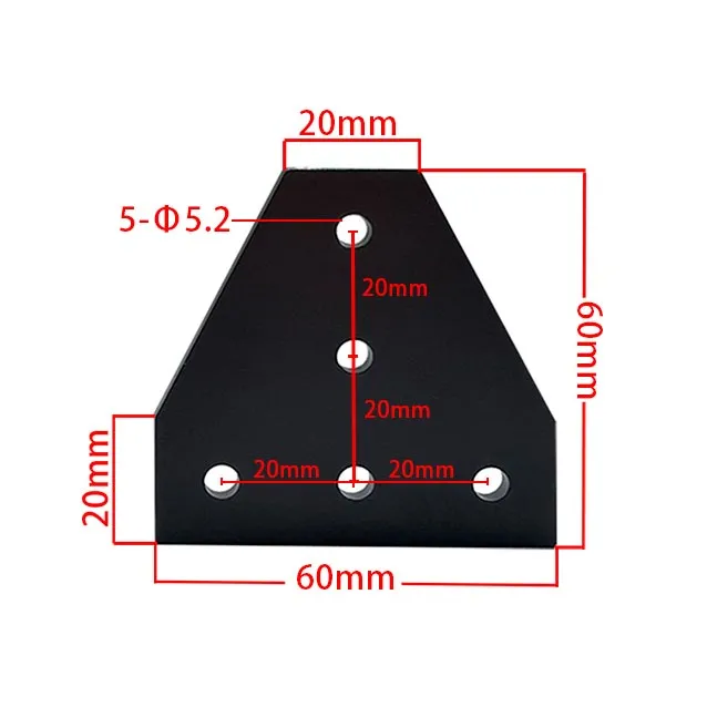 Plano dimensional de la placa exterior en T de 60 × 60 mm con cinco orificios de 5,2 mm para perfiles serie 20
