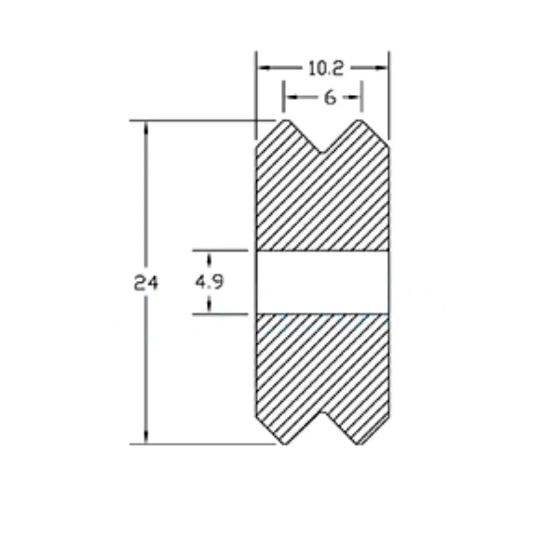 Plano dimensional de la rueda de POM con canal en V, rodamiento 625ZZ, diámetro 24 mm y ancho 10,2 mm