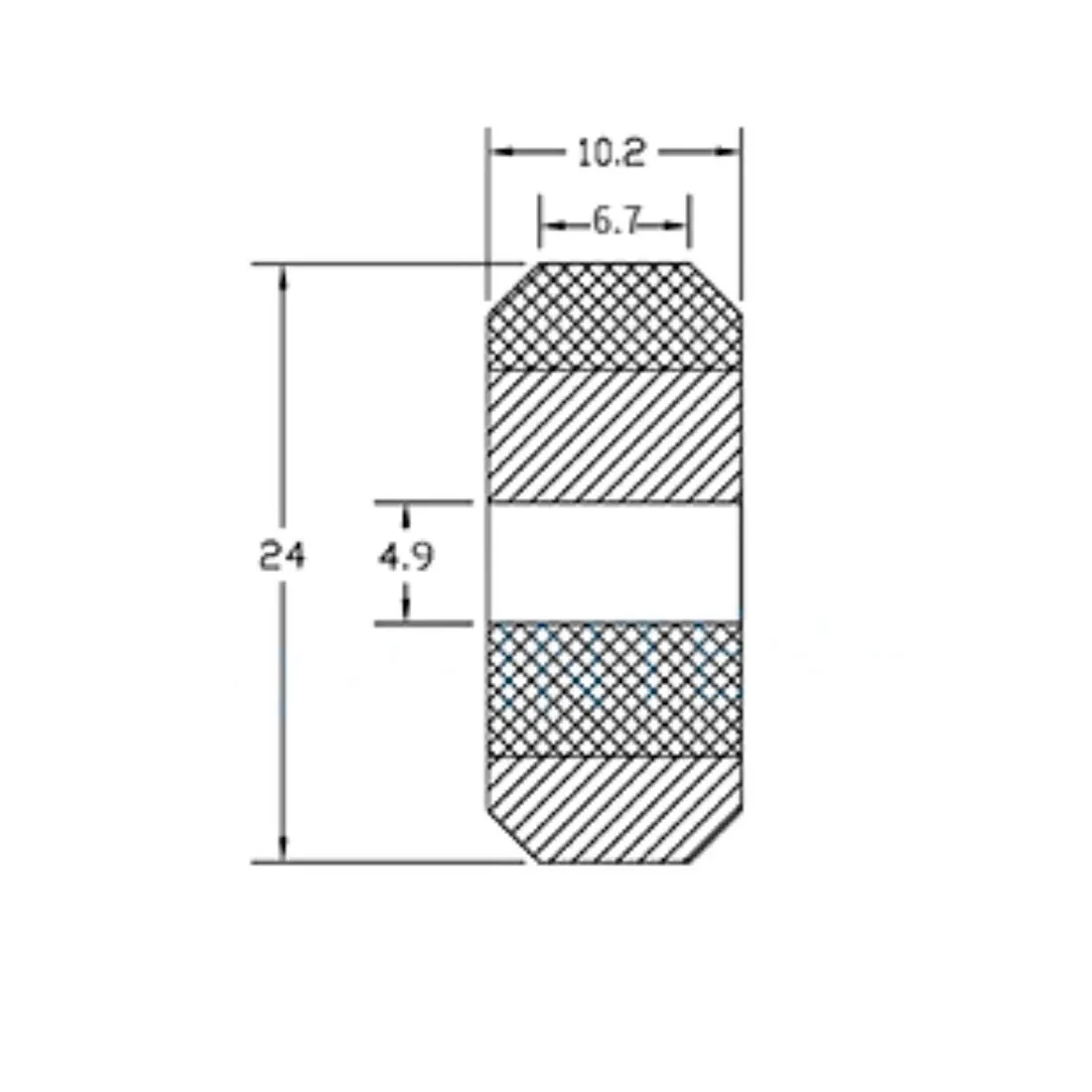 Plano dimensional de la rueda V-Slot de POM con rodamiento 625ZZ, diámetro 24 mm y ancho 10,2 mm