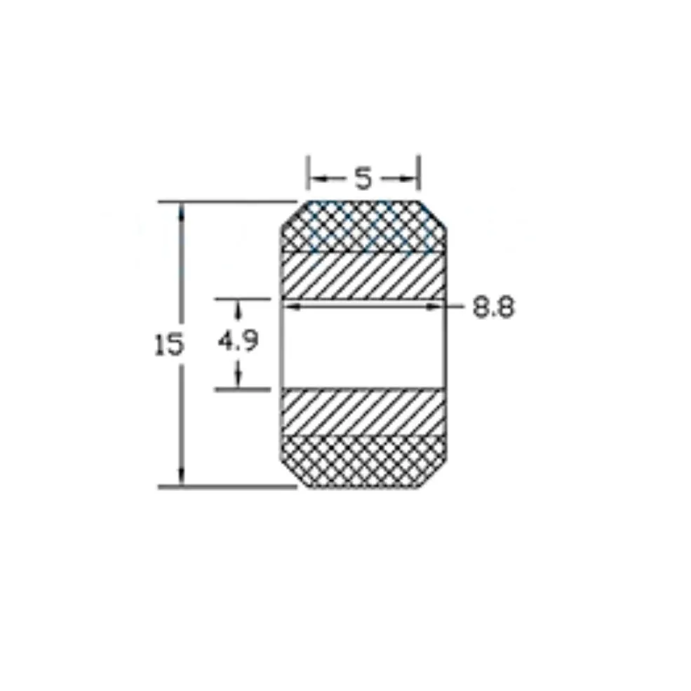 Plano dimensional de la rueda V-Slot compacta de POM con rodamiento MR115ZZ, diámetro 15 mm y ancho 8,8 mm