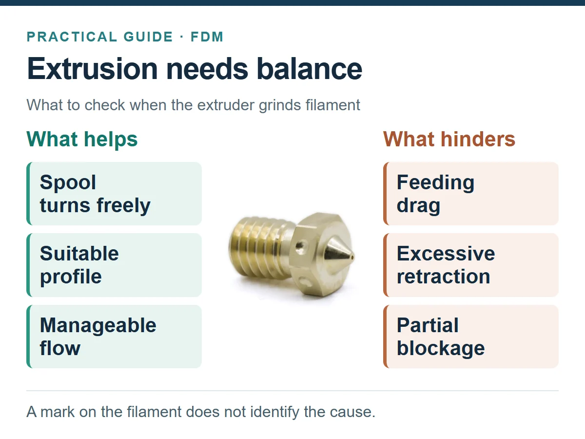 Real brass nozzle: a freely turning spool, suitable profile and manageable flow help extrusion; feeding drag, excessive retraction and a partial blockage make it harder.
