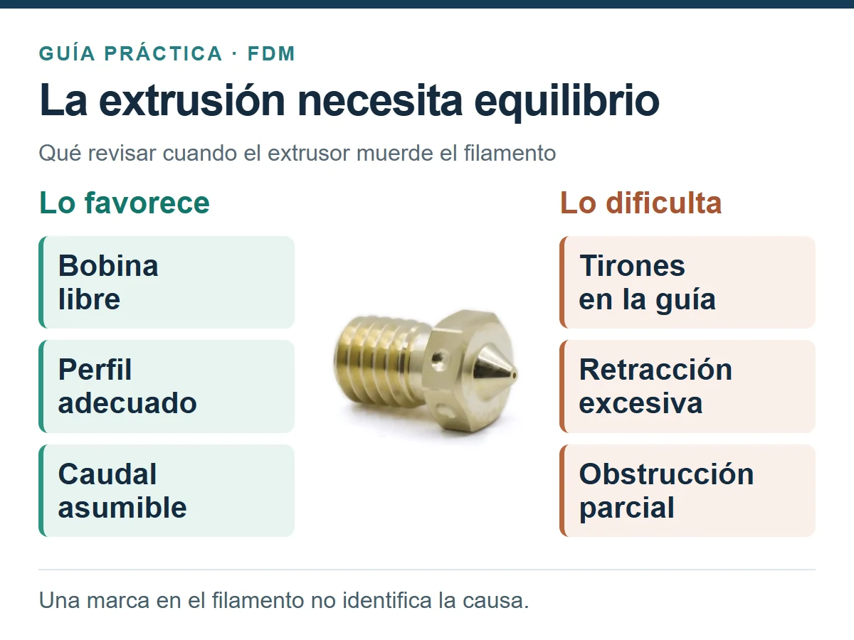 Boquilla real de latón: bobina libre, perfil adecuado y caudal asumible favorecen la extrusión; tirones, retracción excesiva y una obstrucción la dificultan.
