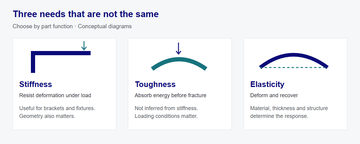Shape and loading matter alongside material selection. Conceptual diagrams, not to scale or test results.