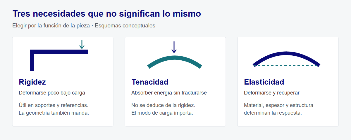 La forma y el modo de carga importan tanto como la etiqueta del material. Esquemas conceptuales, sin escala ni resultados de ensayo.
